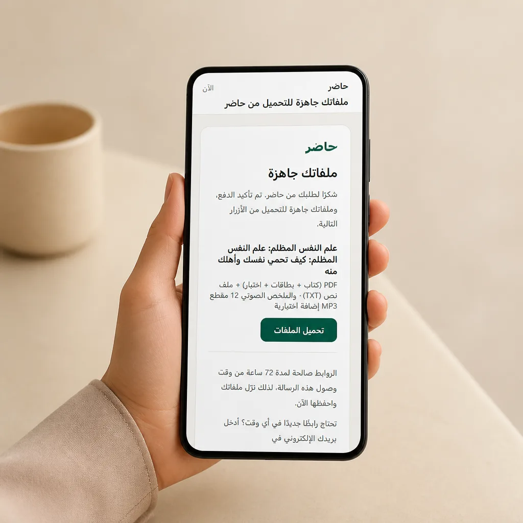رسالة التسليم كما تصلك على جوالك بعد الدفع: روابط تحميل ملفاتك